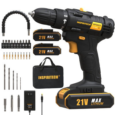 INSPIRITECH 21V Cordless Drill with 2 Batteries and Charger,3/8-Inch Keyless Chuck Power Drill Set,2 Variable Speed Electric Drill Driver, 19 Torque Setting with Drill/Driver Bits…