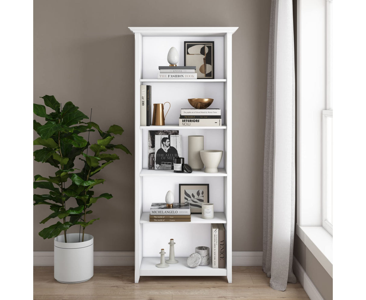 SIMPLIHOME Amherst Bookcase - 70 inch Tall 5-Shelf Solid Wood Bookshelf in White, Transitional Storage for Living Room, Study Room or Office with Adjustable Shelves and Tapered Legs SIMPLIHOME