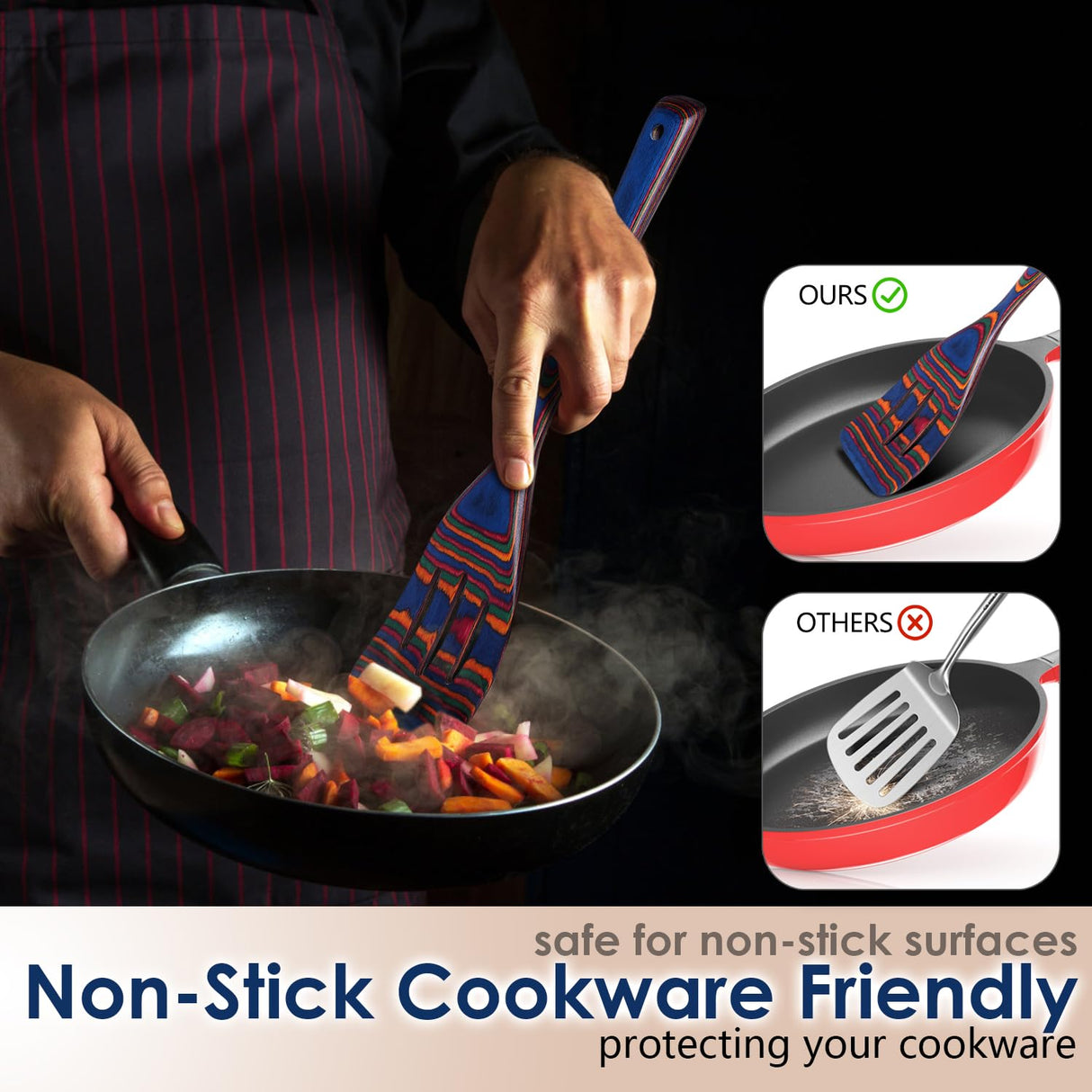 Wooden Spoons for Cooking, 7 Pcs Pakkawood Wooden Kitchen Cooking Spoon Utensil Tools Set Includes Spatula Corner Spoon Rice Paddle Friendly to Non-Stick Cookware by HOWHONG (Blue) HOWHONG