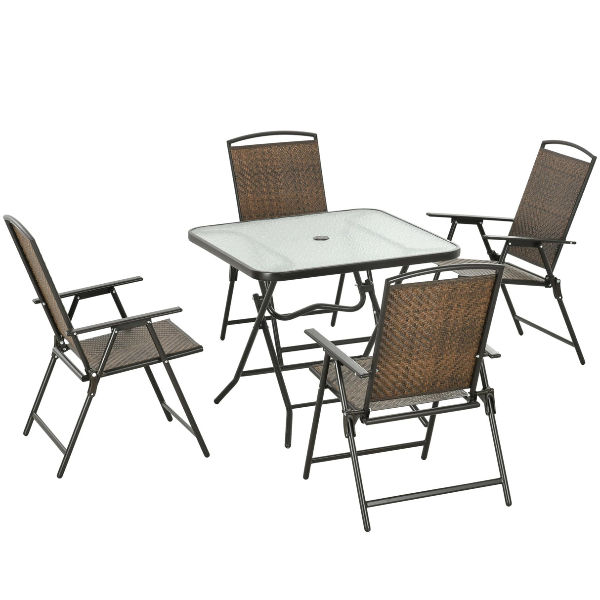 Outsunny 5 Pieces Wicker Patio Dining Set, Foldable Outdoor Table and Chairs, Wicker Furniture Dining Set with Umbrella Hole, Tempered Glass Table, Dark Brown Outsunny