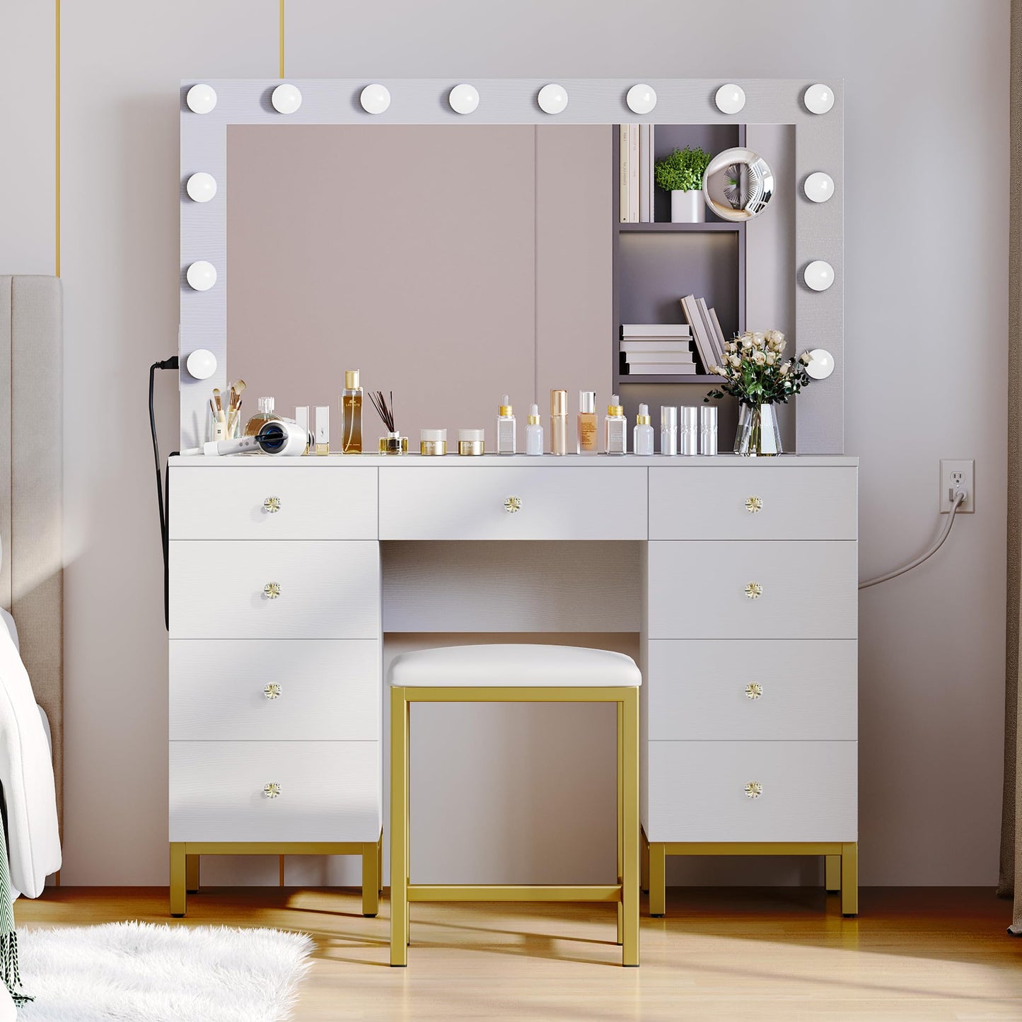 YITAHOME Vanity Desk Set with LED Lighted Mirror & Power Outlet, 14 Hollywood Bulbs Lighted 9 Drawers Makeup Vanities Dressing Table with Magnifying Glass Stool, White - WoodArtSupply