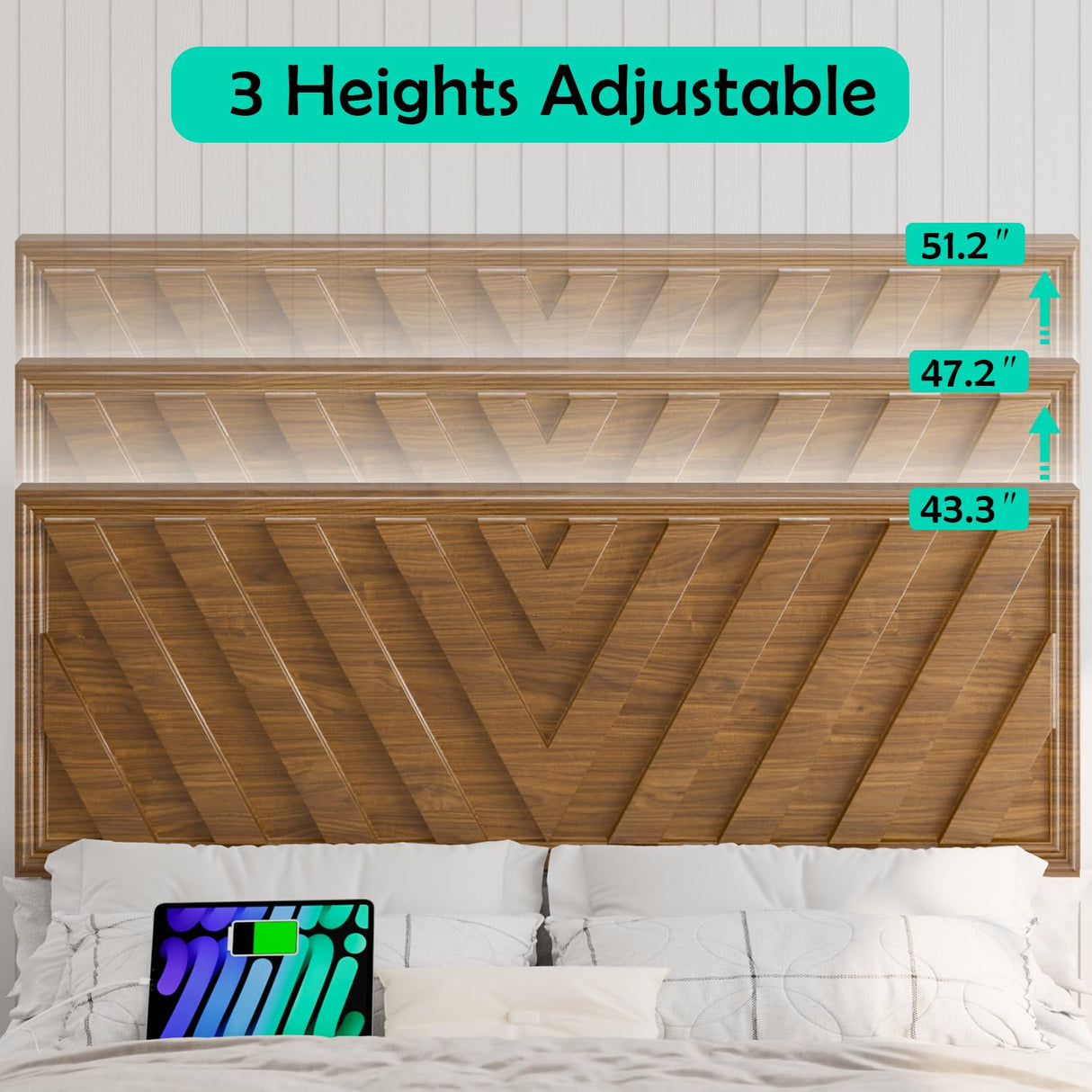 Incyneva Queen Bed with Adjustable Headboard, Farmhouse Platform Bed Wood with LED Light and Charging Station, Diagonal Line & Rustic Brown Incyneva