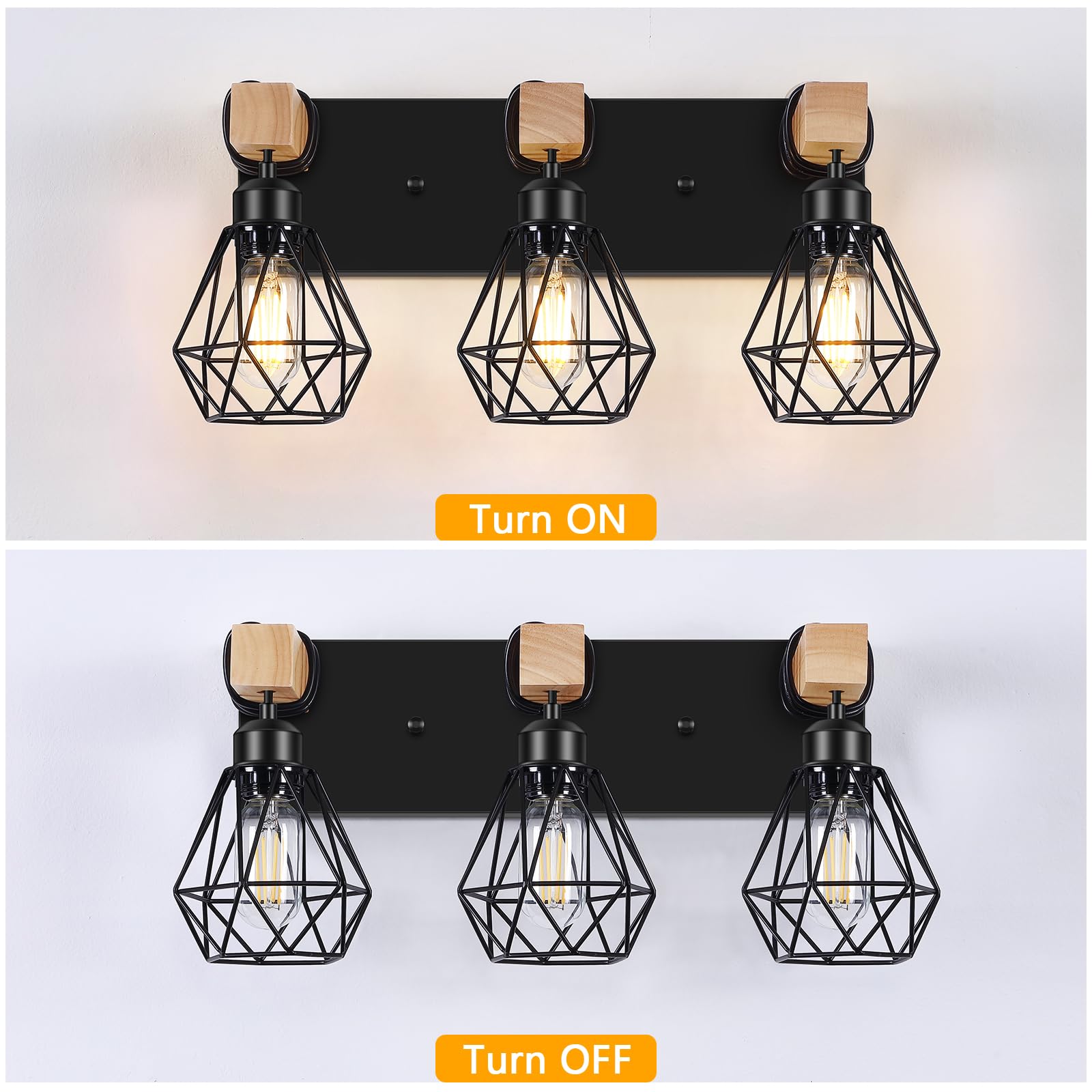 FadimiKoo 3-Light Farmhouse Bathroom Vanity Light Fixtures, Wood Bathroom Lighting Over Mirror, Black Vanity Lights with Metal Lampshade, Vintage Wall Light Fixtures for Bedroom, Living Room, - WoodArtSupply