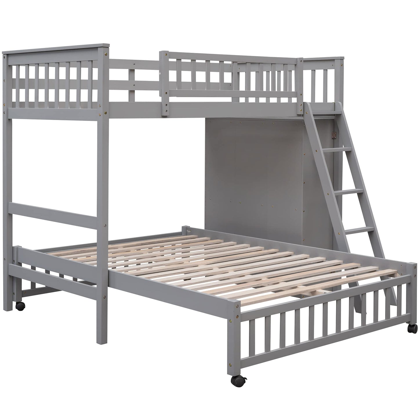 Harper & Bright Designs Twin Over Full Bunk Bed with Storage, Solid Wood Bunk Bed with 6 Drawers and 3 Flexible Shelves, Movable Bottom Bed with Wheels, for Kids Teens Adults (Gray)