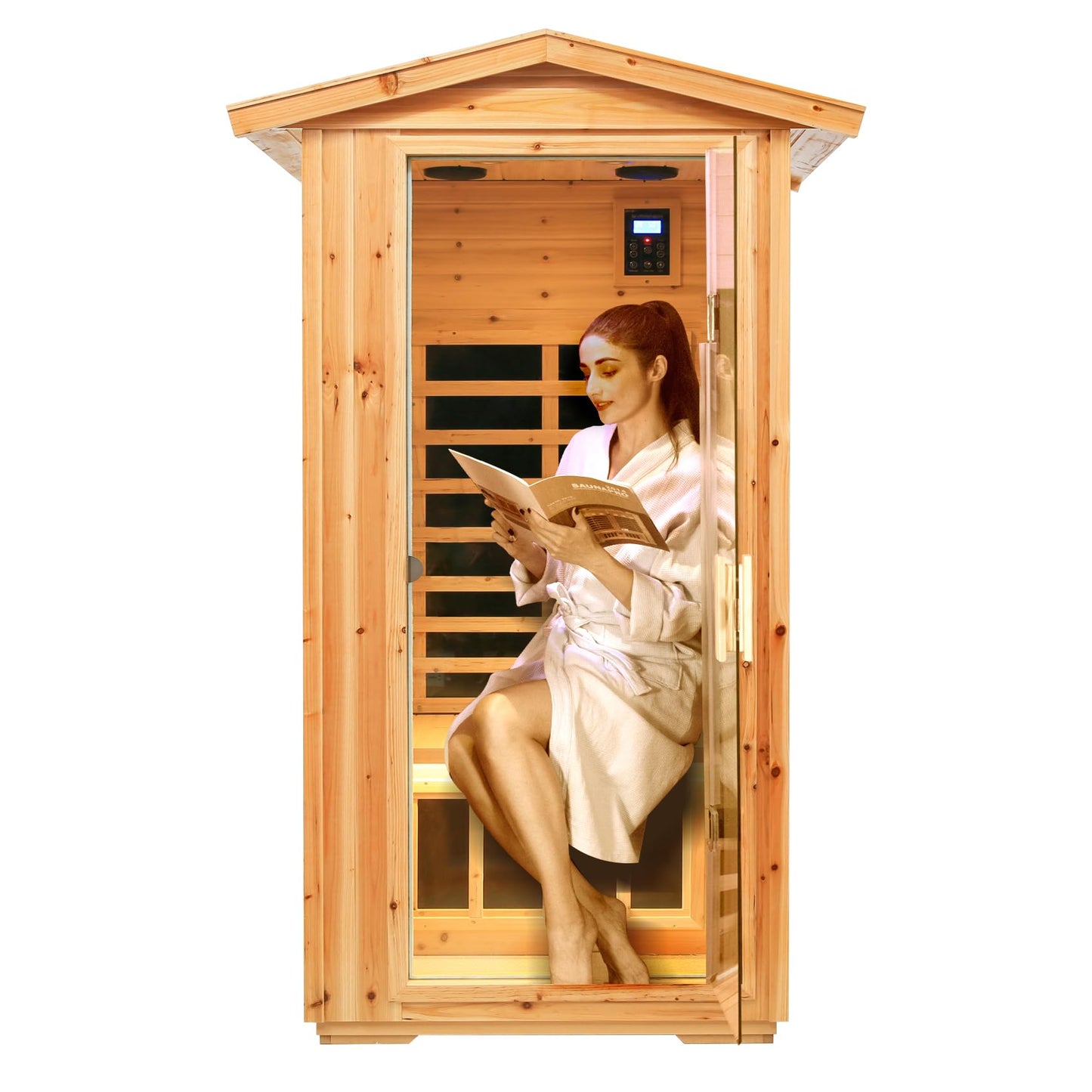 Outdoor Sauna 1 Person, Low EMF Infrared Sauna, Home Sauna, Bluetooth, LCD Control Panel, Chromotherapy and Reading Lights, 1560W (Outdoor Sauna 1 Person/Hemlock)