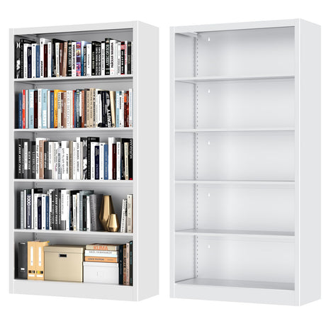 OSEILLC Bookcase,5 Tier White Bookshelves,66" Tall Free Standing Metal Bookcase with Adjustable Storage Shelves, Industrial Wide Bookshelf for Bedroom Living Room Home Office School OSEILLC