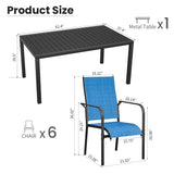 BUPPLEE 38"-84" Extendable Outdoor Dining Table Set for 4-8 Person, Rectangular Outdoor Furniture Adjustable Table & 6pcs Textilene Chairs for Porch,Backyard, Garden, Poolside and Deck-7 Piece Blue BUPPLEE