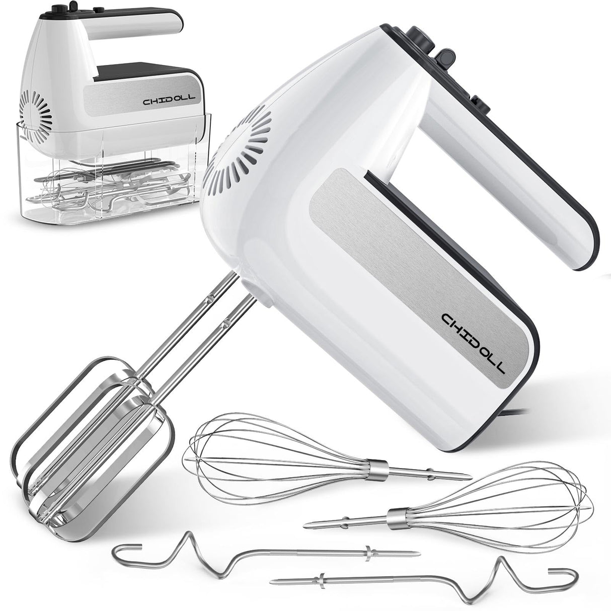 5-Speed Electric Hand Mixer, 800W Handheld Mixer with Turbo for Baking & Cooking, Kitchen Food Mixer with Storage Case & 5 Stainless Steel Attachments (2 Beaters, 2 Dough Hooks, 2 Whisks)-White CHIDOLL