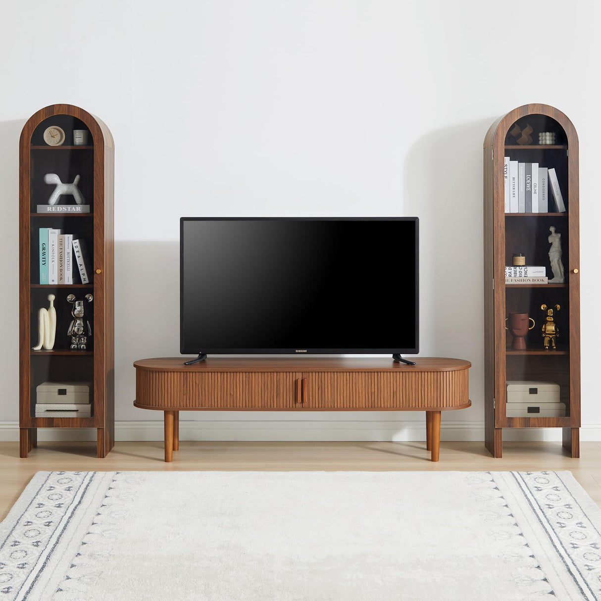 YUCHIATH 66.93" H Arched Bookcase, 5-Tier Arched Cabinet Bookcase with Adjustable Shelves, Accent Display Cabinet with Glass Door for Living Room, Reading Room and Bedroom (Walnut) YUCHIATH