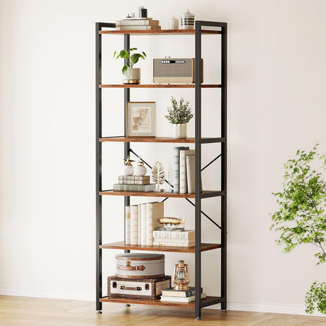 Casaottima Book Shelf, 6 Tier Tall Bookshelf, Modern Wood Bookcase Shelves for Bedroom, Industrial Display Shelf for Living Room Home Office Kitchen, Standing Shelving Unit Storage Organizer, Vintage Casaottima