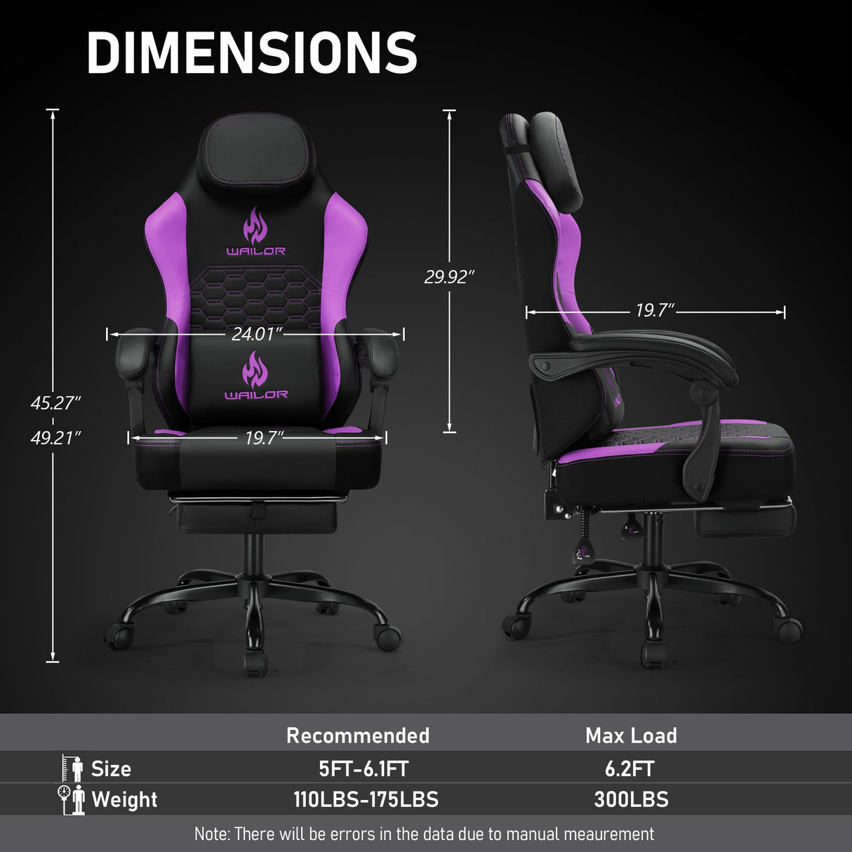 Gaming Chair with Massage and Packet Spring Cushion,Ergonomic Gamer Chairs for Adults with Footrest 300lbs,High Back Gamer Leather Chair with Headrest and Lumbar Support WAILOR