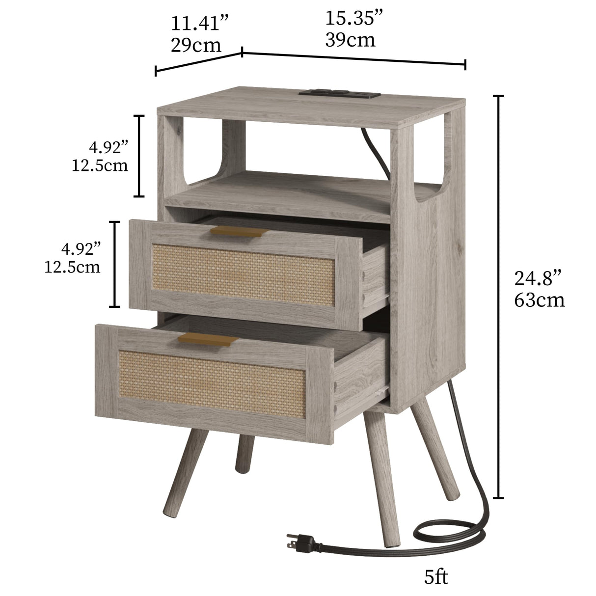JOONEE Rattan Nightstand with Charging Station,Farmhouse Bedside Table with 2 Storage Drawer and Open Wood Shelf, for Bedroom and Small Spaces,Night Stand with Solid Wood Legs (Grey Oak-Outlet) JOONEE