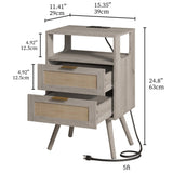 JOONEE Rattan Nightstand with Charging Station,Farmhouse Bedside Table with 2 Storage Drawer and Open Wood Shelf, for Bedroom and Small Spaces,Night Stand with Solid Wood Legs (Grey Oak-Outlet) JOONEE