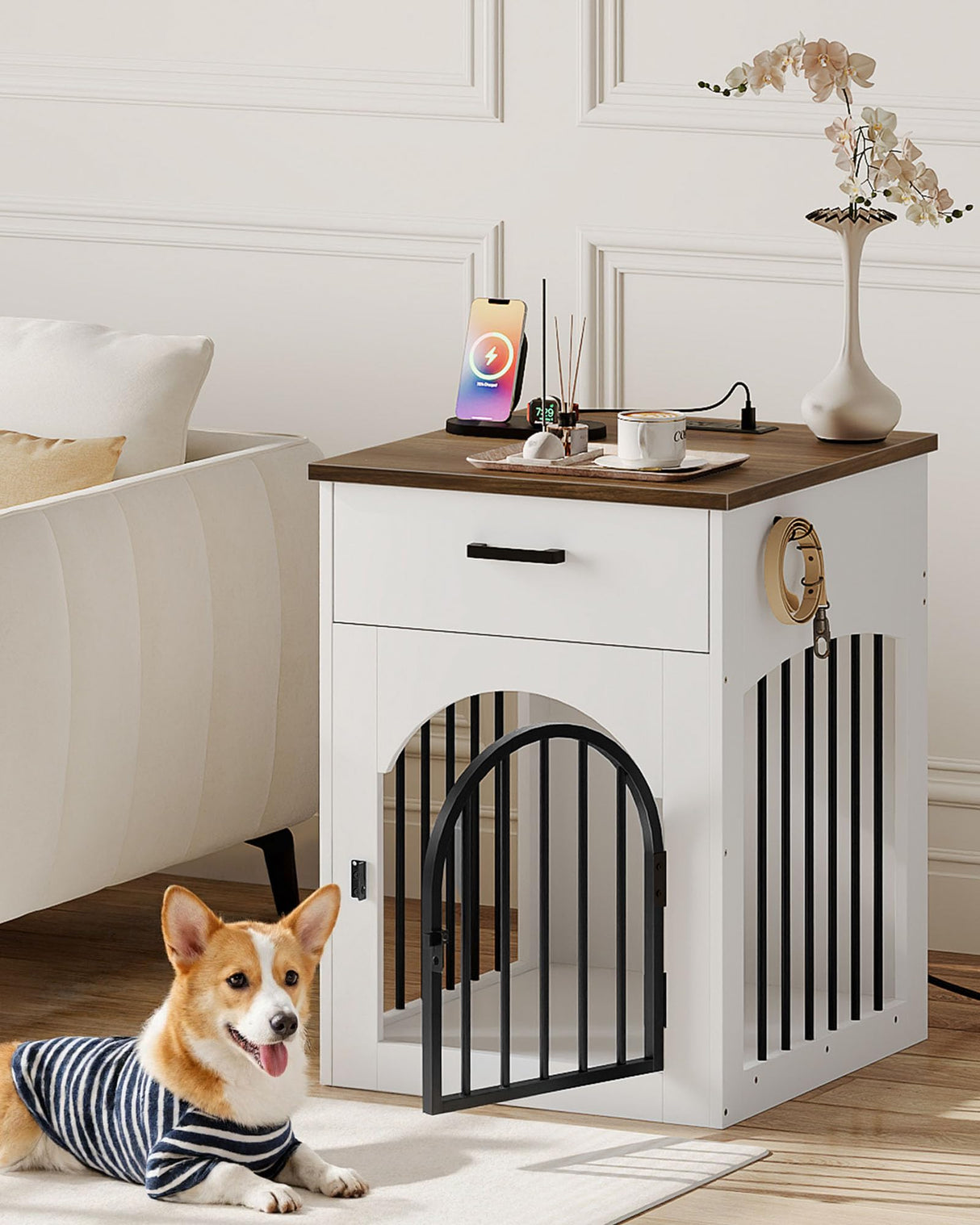 CHOEZON Dog Crate Furniture, Wooden Dog House with Charging Station and Storage Drawer, Indoor Pet Crate End Table for Small Breeds, for Living Room, Bedroom, White and Walnut MGW01UWL CHOEZON