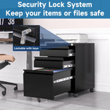 AFAIF 3 Drawer Mobile File Cabinet with Lock, Rolling File Cabinet for Home Office, Under Desk Small File Cabinet, Metal Vertical Black Filing Cabinet for Legal/Letter/A4 File, Black AFAIF
