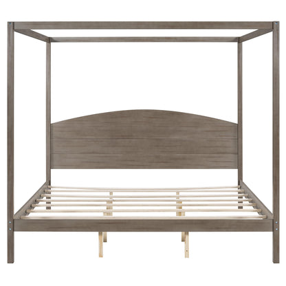 BOVZA King Size Canopy Bed, Wood 4-Post Canopy Platform Bed Frame with Headboard and Slat Support for Kids Teens Adults, Brown Wash