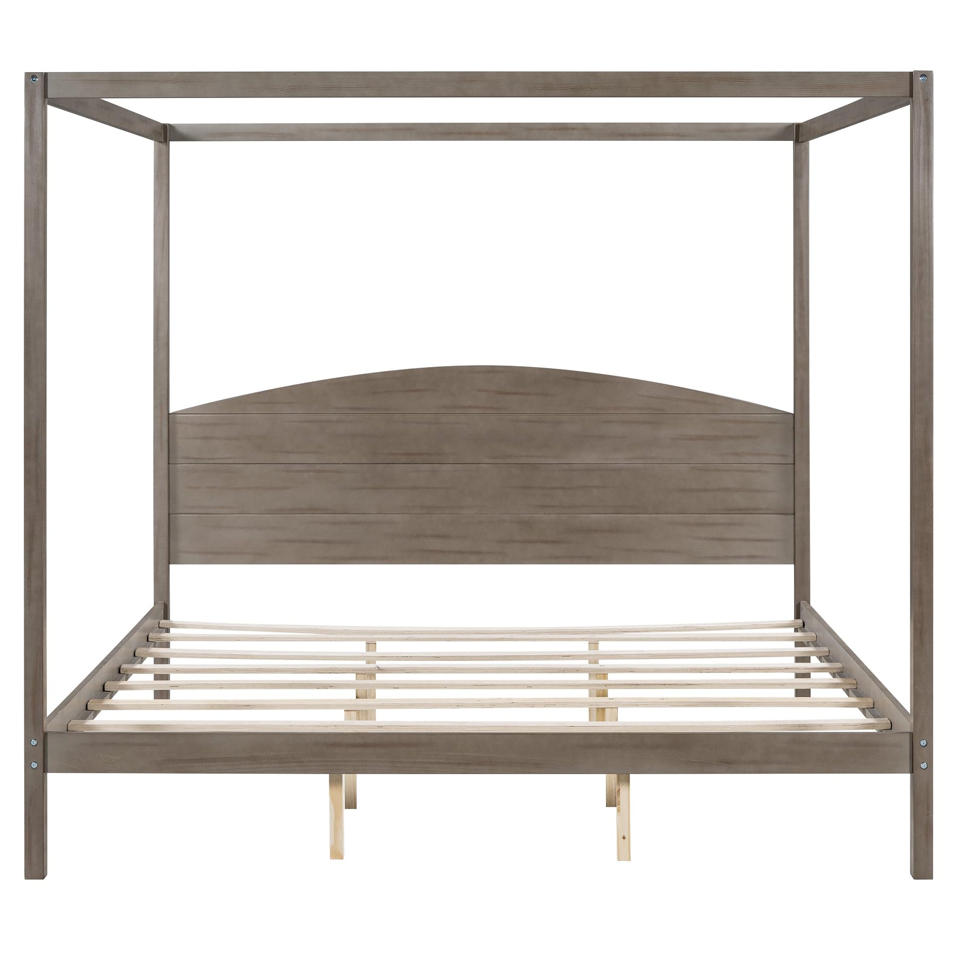 Wooden King Size Canopy Bed with Headboard and Support Legs in Brown Wash Finish - WoodArtSupply