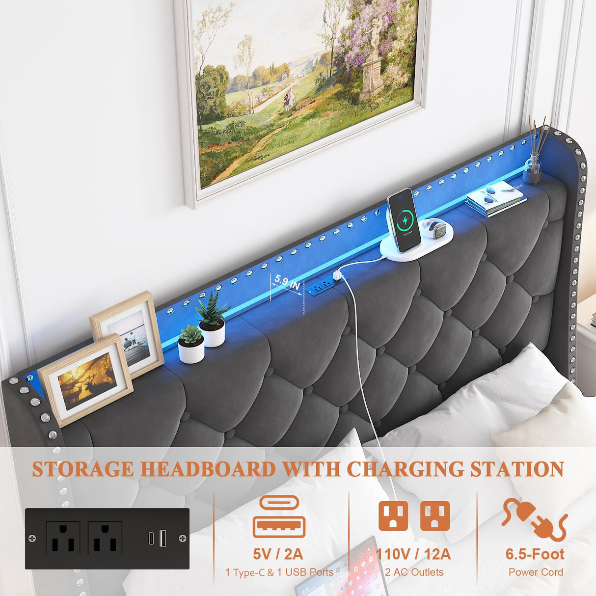 TIGUBFRE Dark Grey Upholstered Full Size Bed Frame with LED Lights and Storage Drawers TIGUBFRE