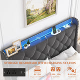 TIGUBFRE Dark Grey Upholstered Full Size Bed Frame with LED Lights and Storage Drawers TIGUBFRE