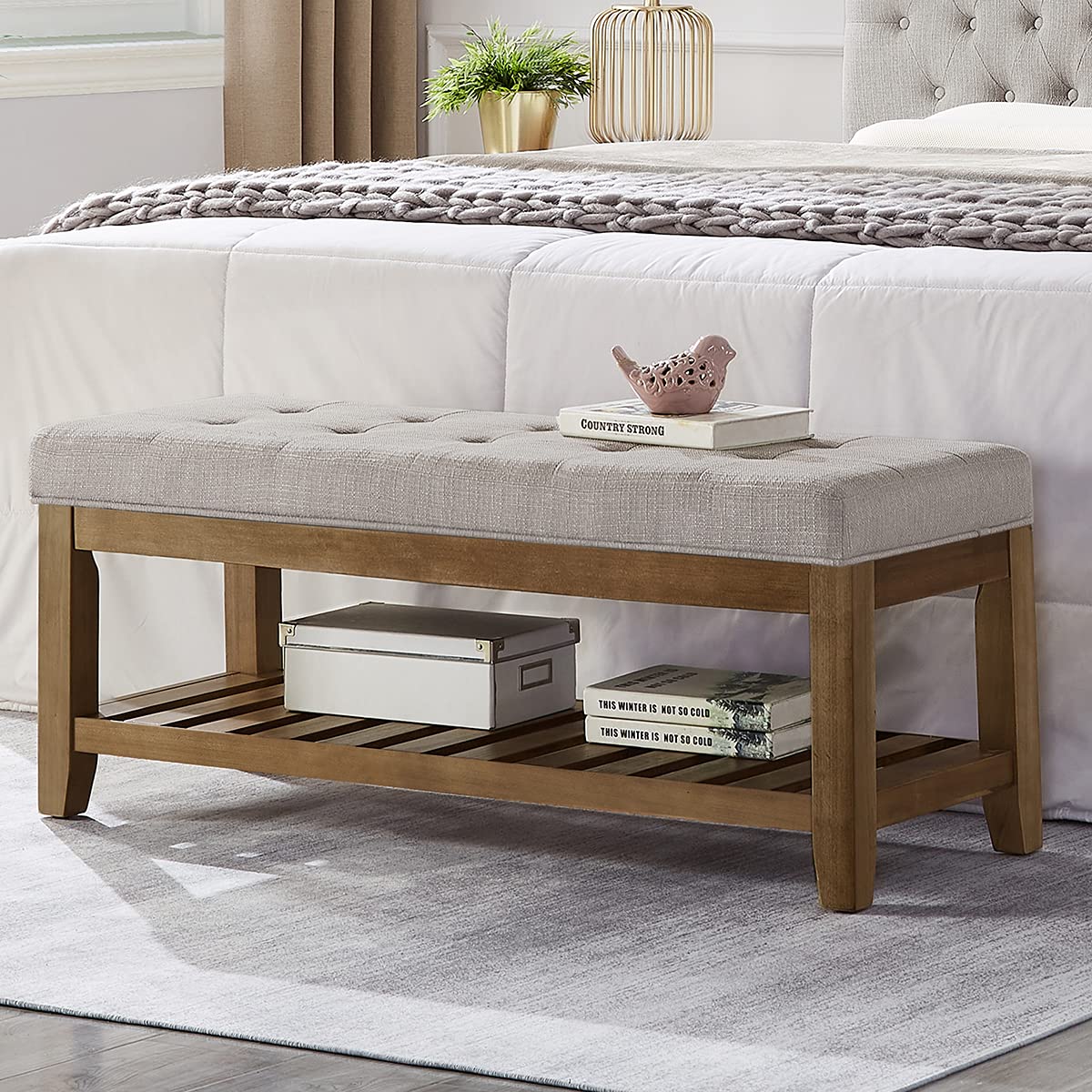 24KF Large Rectangular Upholstered Tufted Linen Fabric Ottoman Bench, Padded Bench with Solid Wood Shelf-Linen 24KF