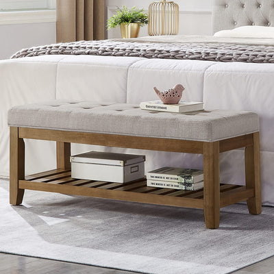 24KF Large Rectangular Upholstered Tufted Linen Fabric Ottoman Bench, Padded Bench with Solid Wood Shelf-Linen