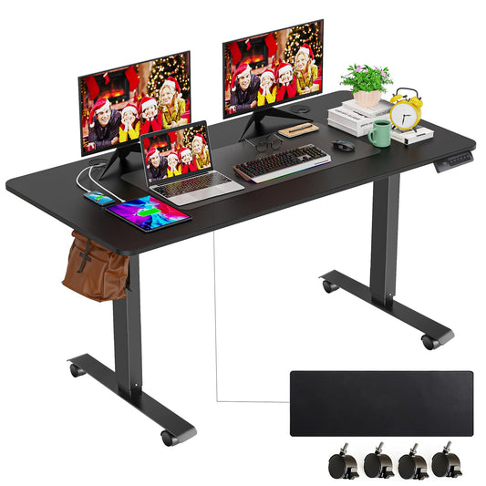 farexon Electric Standing Desk Adjustable Height, 63x24 Inches Computer Desk with Rolling Wheels, Mouse Pad,Multifunctional Stand up Desk for Home/Office(Black) - WoodArtSupply