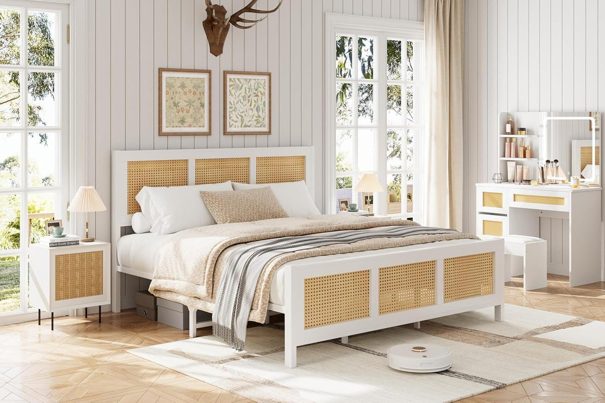 dainslef Rattan Bed Frame with Headboard, Full Size Bed Frame with Strong Metal Slats Support, Noise-Free Design, No Box Spring Needed, White dainslef