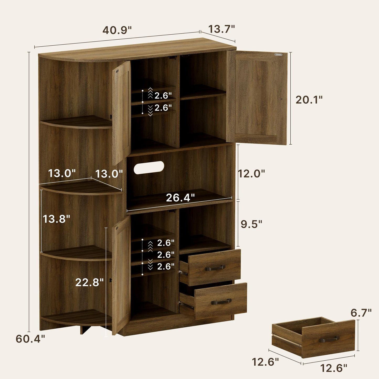 Gizoon 60.4" Farmhouse Kitchen Pantry Storage Cabinet with Doors and Adjustable Shelves, Large Kitchen Hutch with Drawers, Freestanding Cupboard for Dining Room, Living Room, Retro - WoodArtSupply