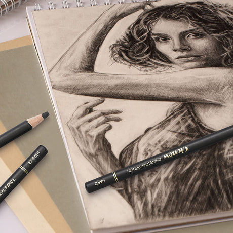 Qionew Professional Charcoal Pencils Drawing Set - 10 Pieces Super Soft, Soft, Medium & Hard Charcoal Pencils for Drawing, Sketching, Shading, Beginners & Artists Qionew