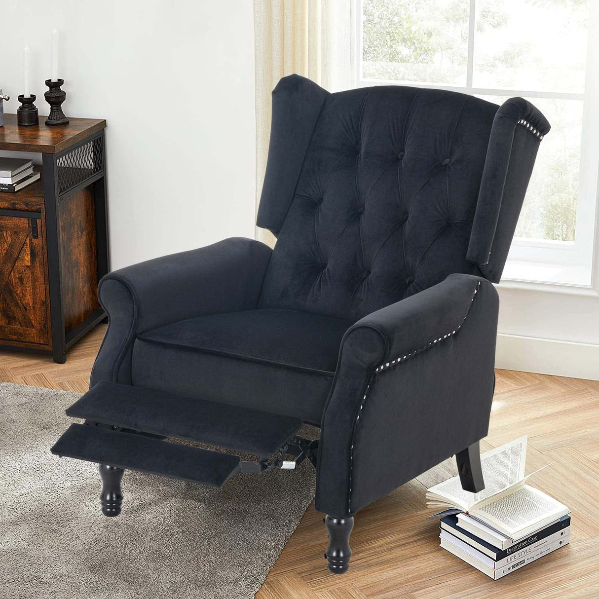Altrobene Velvet Accent Chair, Push Back Recliner Chair, Wingback Arm Chair for Living Room/Bedroom/Home Theater/Reception Area, Black Altrobene