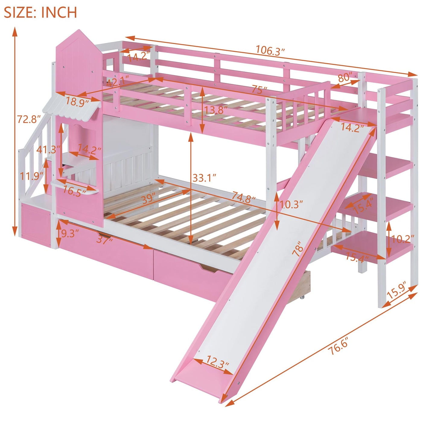 Harper & Bright Designs Twin Over Twin Bunk Bed with Stairs and Slide, Solid Wood Bunk Bed Frame with Storage Drawers and Bookshelf, for Kids Teens Girls Boys - Pink