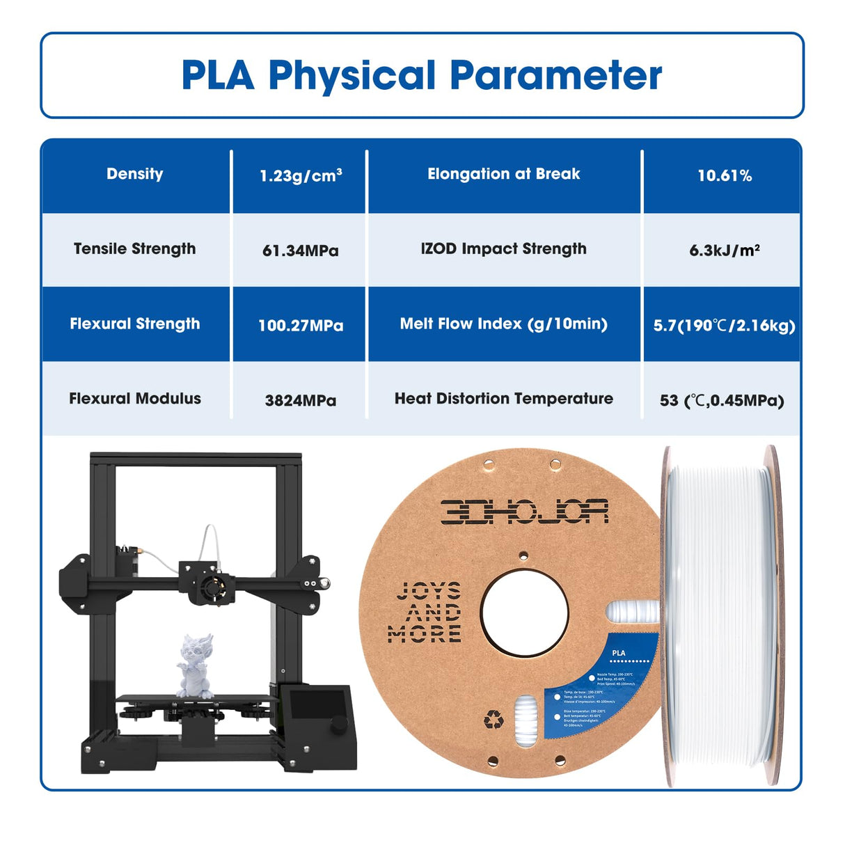 3DHoJor High Speed PLA Filament 1.75mm 3D Printer Filament,1kg Cardboard Spool (2.2lbs) Fit Most FDM 3D Printer,Dimensional Accuracy +/- 0.03 mm,Vacuum Packaging-Cold White 3DHoJor
