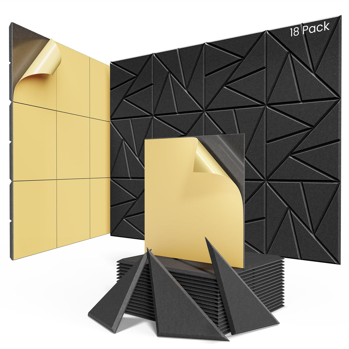 18 pack Acoustic Panels With Self-Adhesive, 12"X 12"X 0.4"Sound Proof Foam Panels, Sound Panels High Density, Soundproof Wall Panels for Home Studio Office-Black ROOME