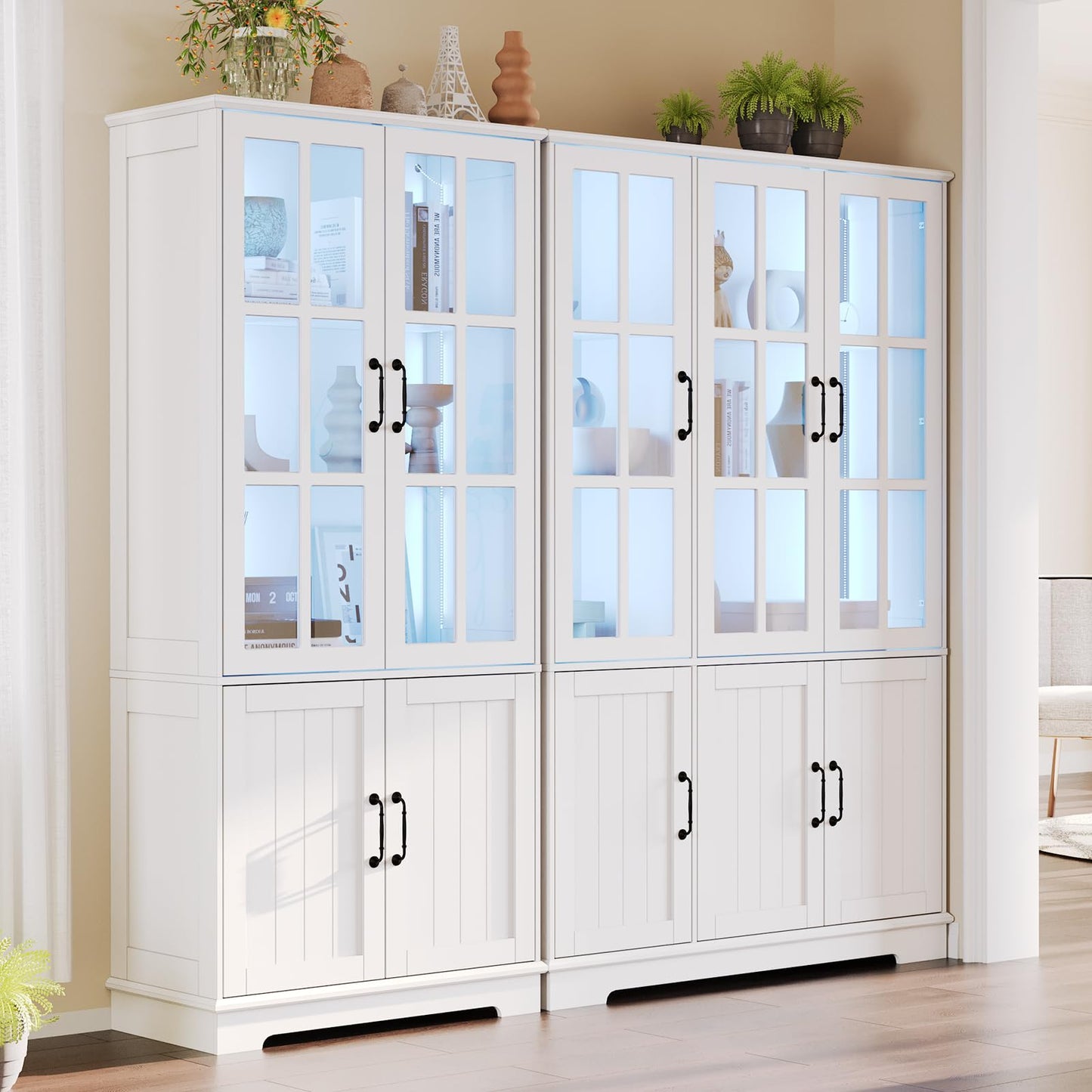 AMERLIFE Storage Cabinet Sets with LED Lights, 71" Tall Large Modern Wood Kitchen Pantry with Acrylic Glass Doors & Shelves, Display Cabinet for Living room, Dining room, Bathroom, 6+4 Doors White