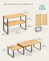 SONGMICS Cabinet Organizer Shelf, Set of 2 Kitchen Counter Shelves, Kitchen Storage, Spice Rack, Stackable, Expandable, Metal and Engineered Wood, Ink Black and Natural Beige UKCS200B01 SONGMICS