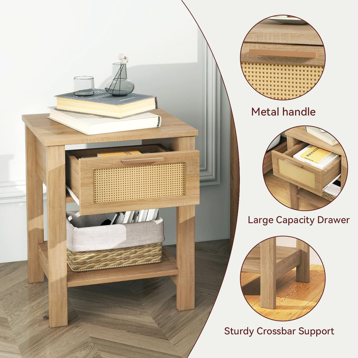 IBUYKE Rattan Nightstand Set of 2, Boho Night Stand with Drawer, Wood Bedside Tables with Storage Shelf, End Table with Legs for Bedroom, Natural UWNS011N-2 IBUYKE