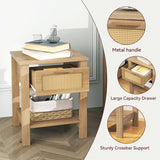 IBUYKE Rattan Nightstand Set of 2, Boho Night Stand with Drawer, Wood Bedside Tables with Storage Shelf, End Table with Legs for Bedroom, Natural UWNS011N-2 IBUYKE