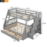 MeraxTwin Over Full Bunk Bed with Drawers，Ladder and Storage Staircase, Gray Wood Bed Frame, No Box Spring Need Merax