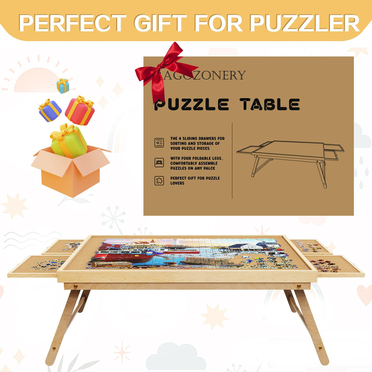 Puzzle Board 1500 Pieces,34.3”x 26.5” Jigsaw Puzzle Table with 4 Drawers and Cover,Portable Puzzle Table with Folding Legs for Adults and Teens RAGOZONERY