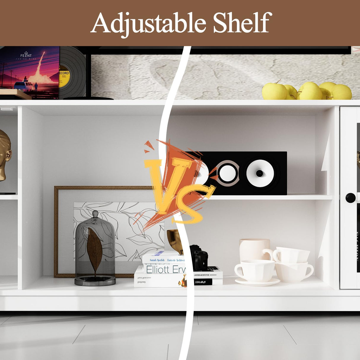 WOODTIME Large Wall Unit Entertainment Center with Bookshelves, Modern 4-Piece TV Stand with Bridge Cabinet & 19 Shelves, Media Console Table with Glass Doors for Living Room & Home Theater, White WOODTIME