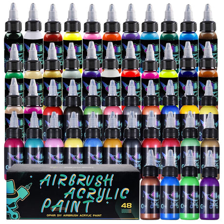 OPHIR Airbrush Paint, 50 Bottles of Model Air Brush Paint Set, Water-Based Opaque Acrylic Airbrush for Shoes, Rocks, Paper-Professional 48 Colors, 1.05 oz/Bottle OPHIR