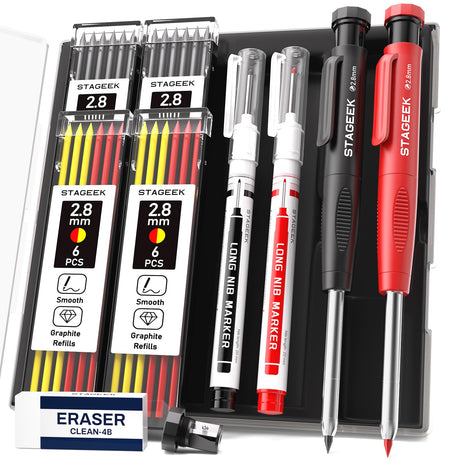 STAGEEK 2PCS Carpenter Pencils with Sharpener, Heavy Duty Woodworking Tools, Mechanical Pencil Set with 26 Refills, Deep Hole Long Nib Marker Pens for Architect Marking with Case (Black, Red) STAGEEK