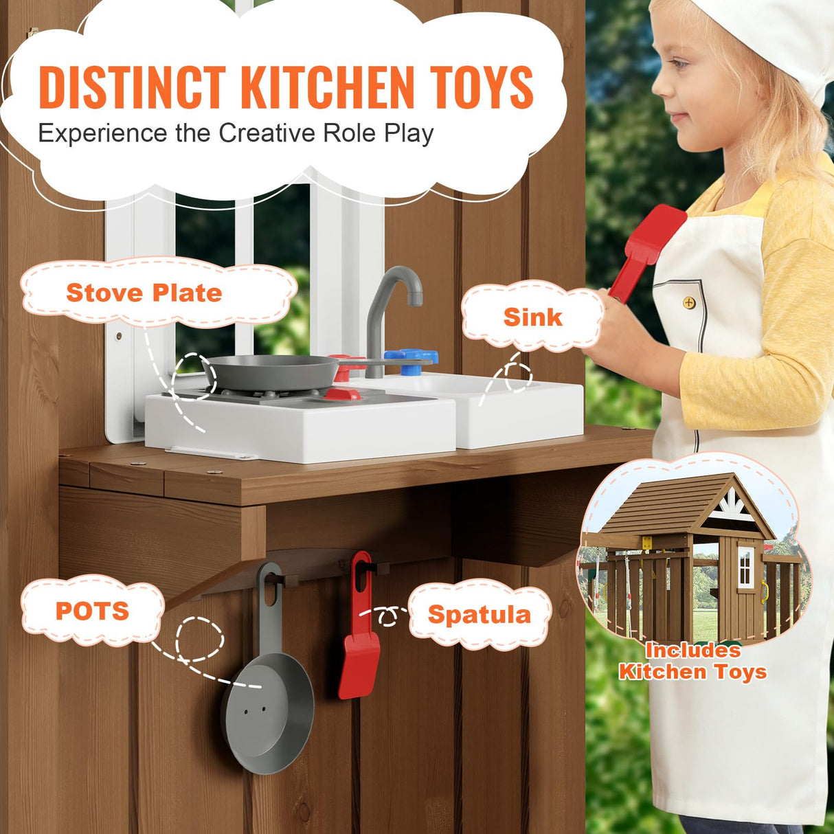 VEVOR Wooden Swing Set, 10 in 1 Playground Sets for Backyards, 2 Swings, 6FT Slide, Trapeze Bar, Flat Step Ladder,Large Upper Fort with Kitchen Toys, Rock Wall, Picnic Table, Sandbox, Scaling Ladder VEVOR