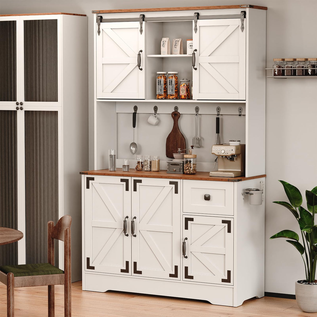 71" Pantry Cabinet, Kitchen Hutch Cabinet with Microwave Stand & Charging Station, Farmhouse Tall Storage Cabinet with Countertop, Floor Cupboard Cabinet, Bar Cabinet with Drawer and Doors, White ISHARINGTIME