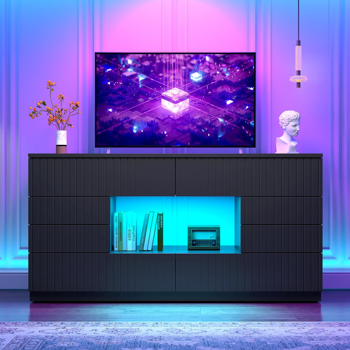 CSZZD 8 Drawer TV Stand for Bedroom, 55" Black Dresser with LED Lights & Open Storage, Modern Long Chest of Drawers for Closet, LED Drawer Organizer Cabinet for Bedroom, Living Room CSZZD