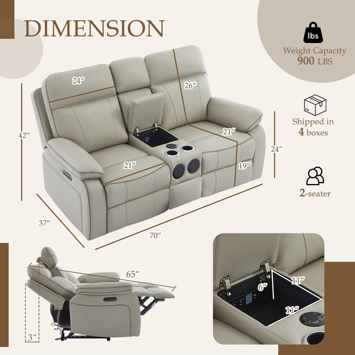 Neptane Power Reclining Loveseat with LED Reading Light/Storage Drawer/Bluetooth Speakers, Power Loveseat Recliner Sofa Wall Hugger Reclining Loveseat with Outlets(Grey, 2 Seat with Console) Neptane