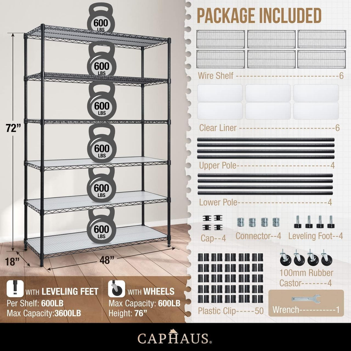 CAPHAUS NSF Commercial Grade Heavy Duty Wire Shelving w/Wheels, Leveling Feet & Liners, Metal Shelf, Garage & Utility Storage, 6-Tier 48 x 18 x 76 CAPHAUS