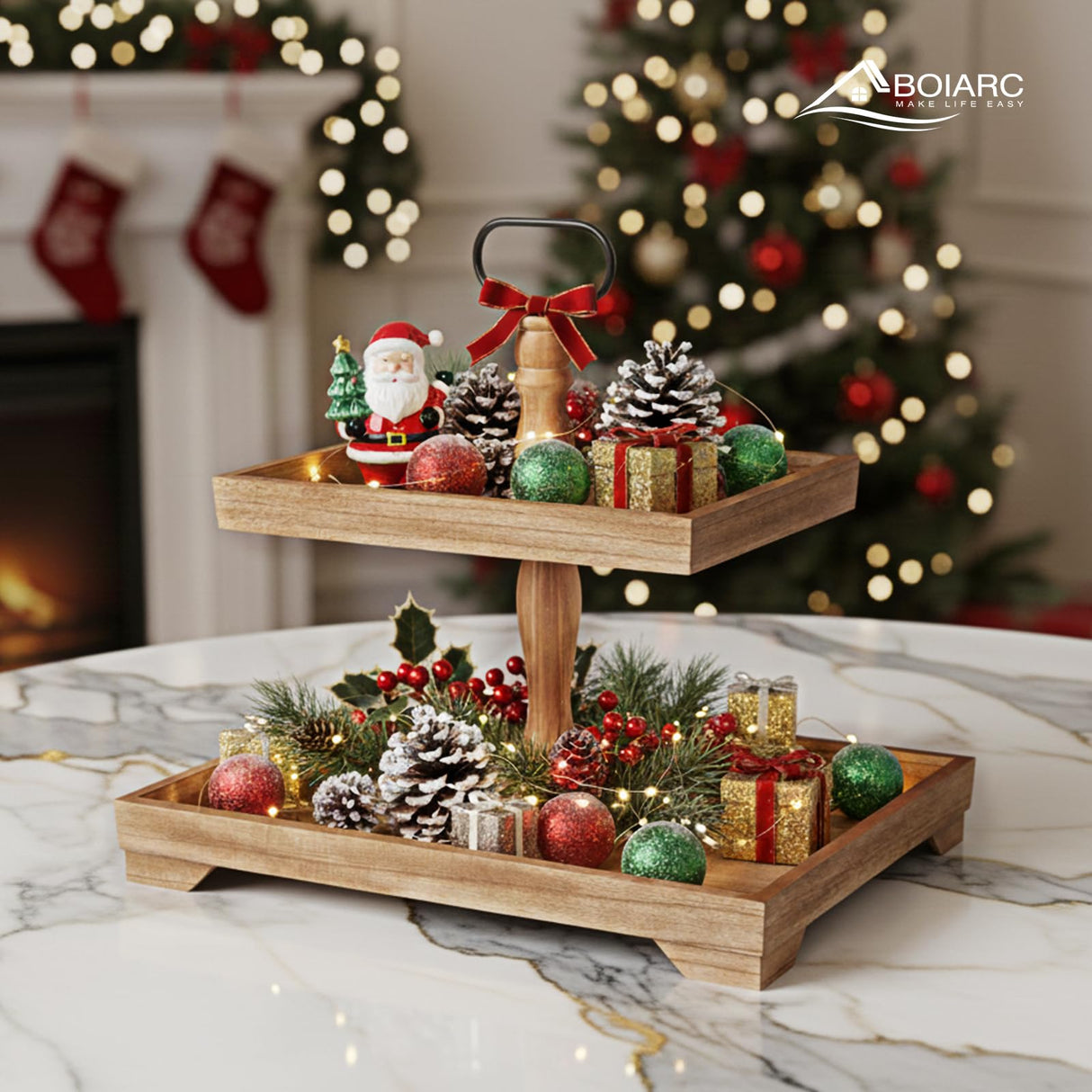 Boiarc Rustic Wooden 2 Tiered Tray Stand, Farmhouse Tiered Serving Tray Decor, Rectangle Wood Display Stands for Food Fruits Cupcake and Seasonal Festive Decorations (Brown) Boiarc
