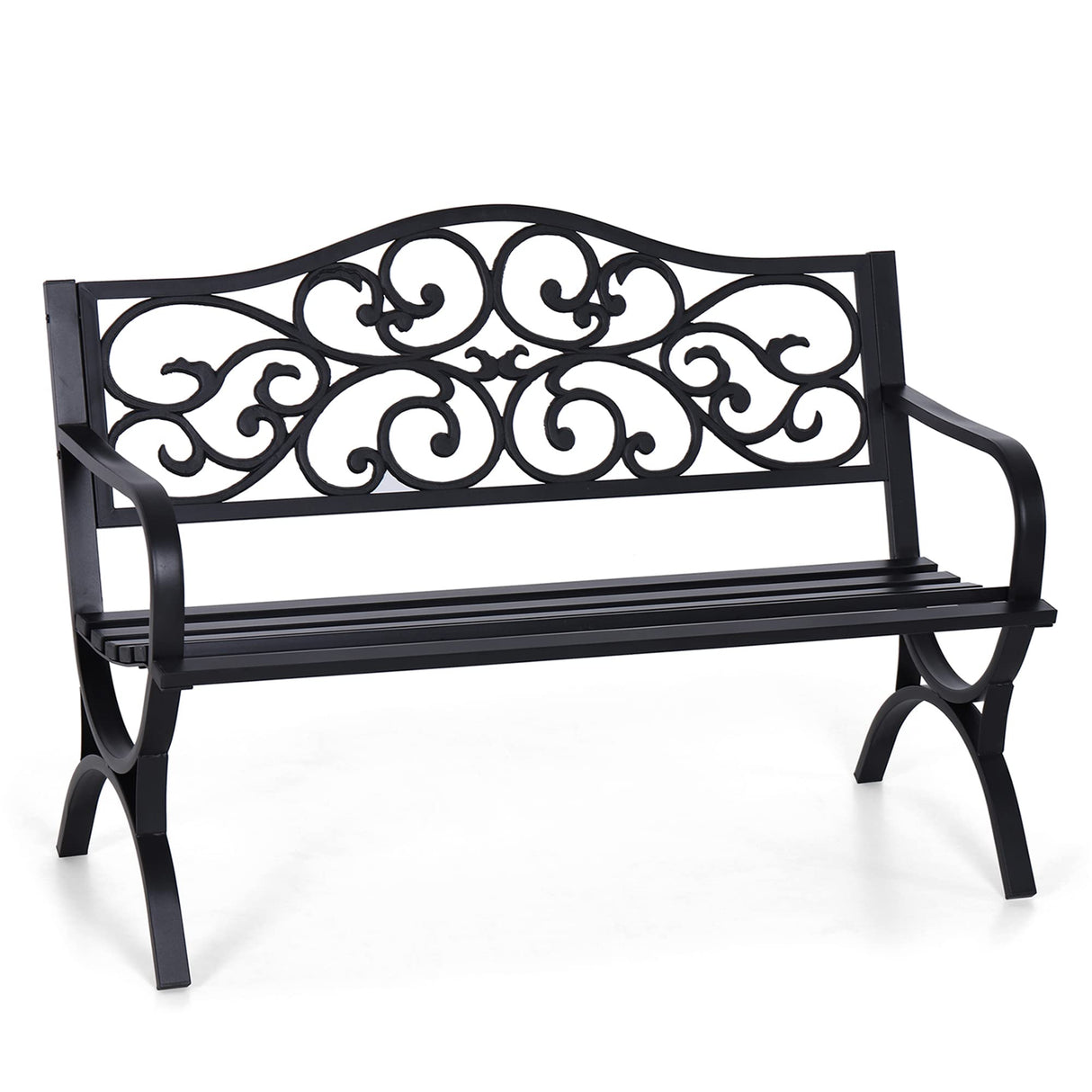 Sophia & William 50" Outdoor Garden Bench Patio Park Bench, Cast Iron Metal Frame Furniture with Floral Design Backrest for Porch Yard Lawn Deck, Black Sophia & William