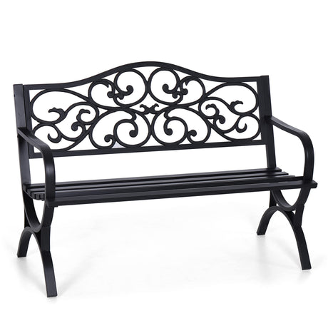Sophia & William 50" Outdoor Garden Bench Patio Park Bench, Cast Iron Metal Frame Furniture with Floral Design Backrest for Porch Yard Lawn Deck, Black Sophia & William